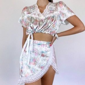 Vintage Floral Satin Skirt Scrunchie Set
